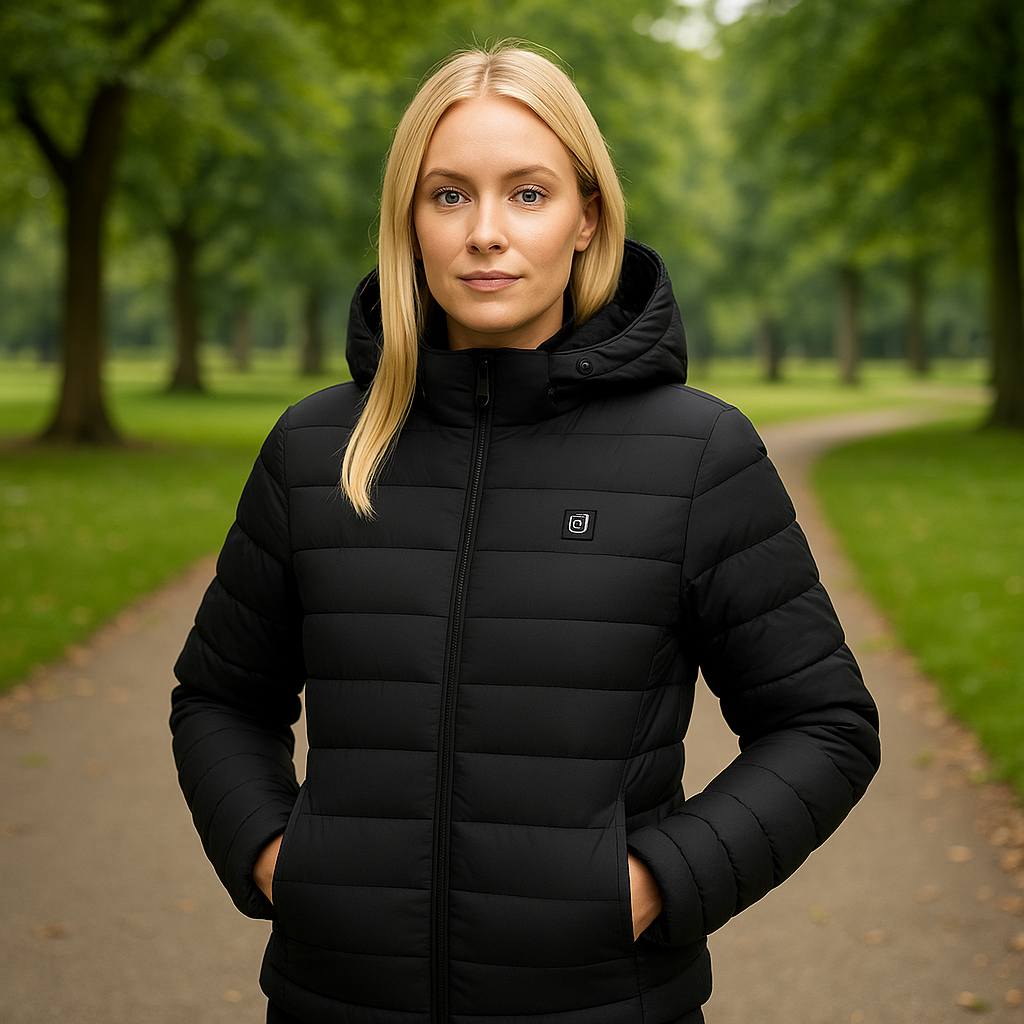 Vrouw buiten in het park met verwarmde kleding